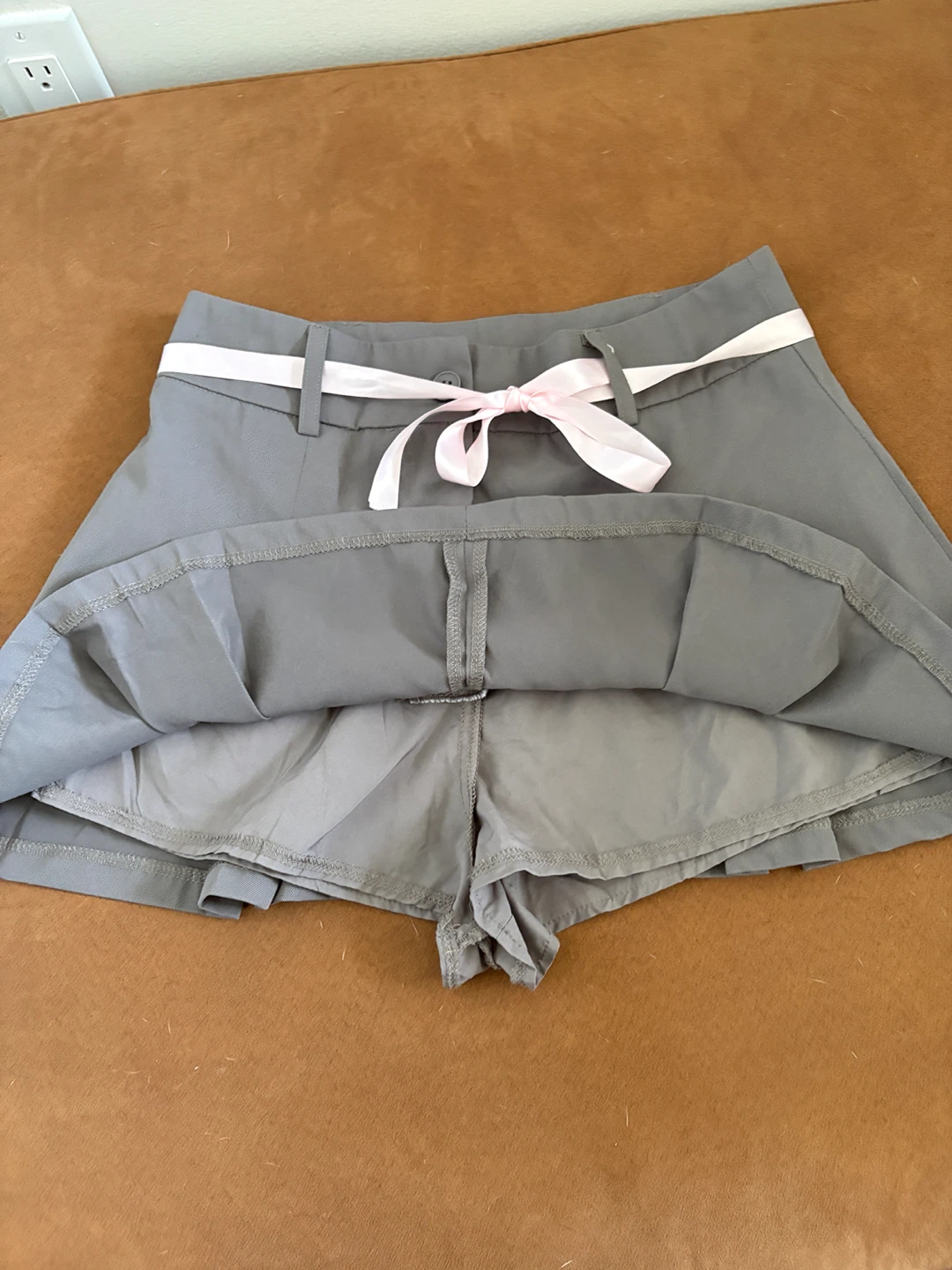 Grey Pleated Mini skirt with Pink Bow Belt - photo 2