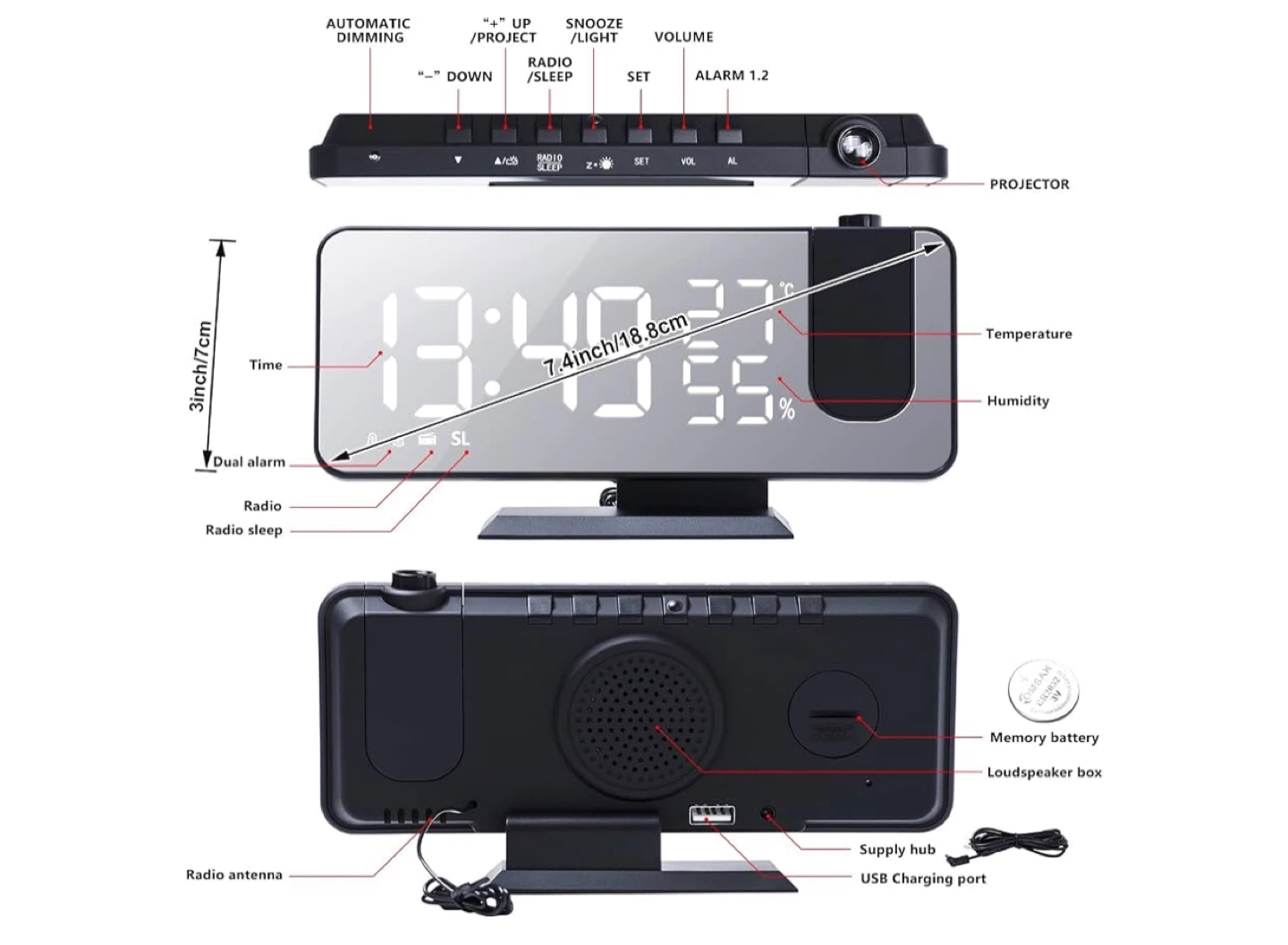 Digital Projection Clock Radio with Thermometer and Humidity - photo 3