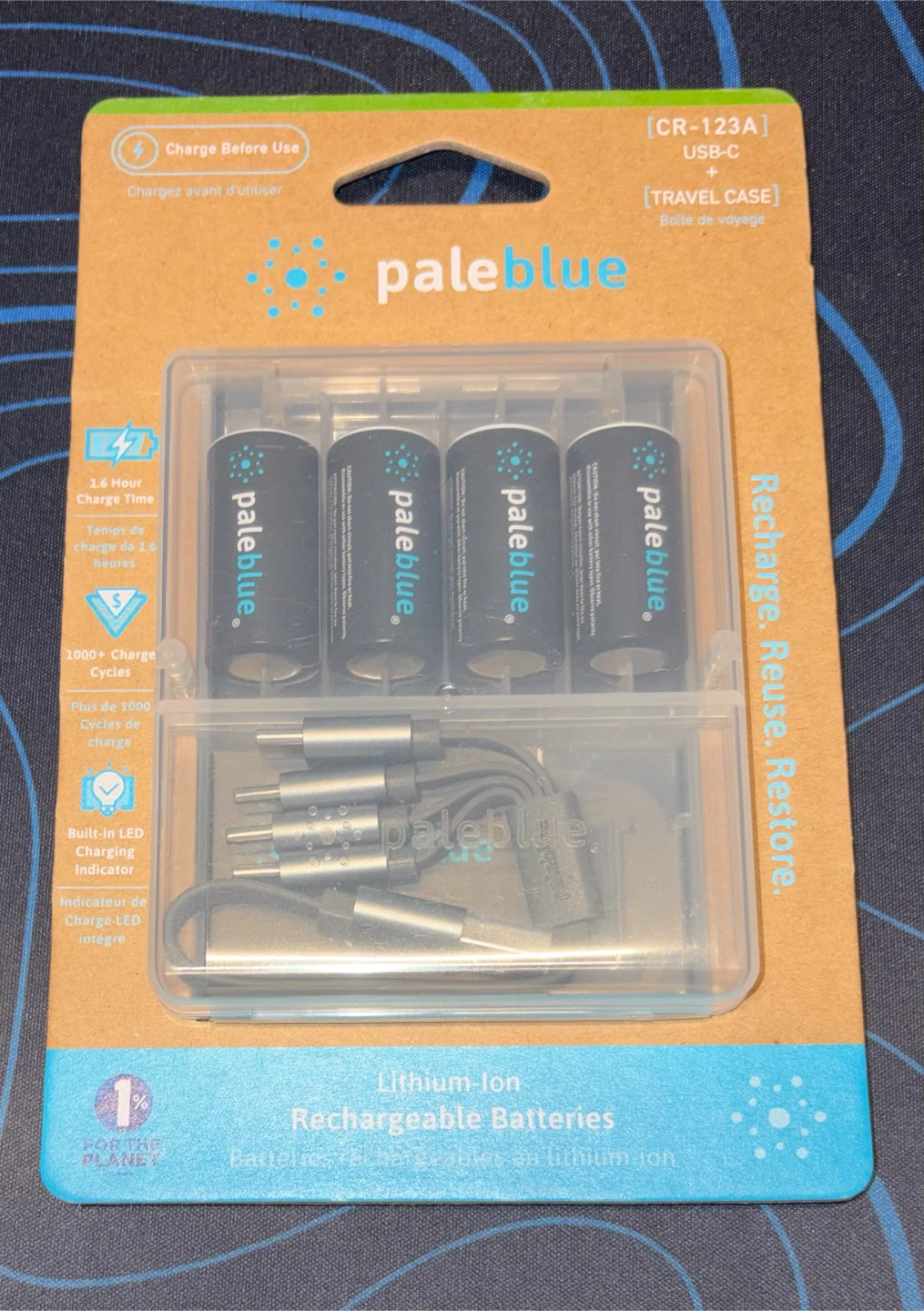 Pale Blue CR123A rechargeable batteries