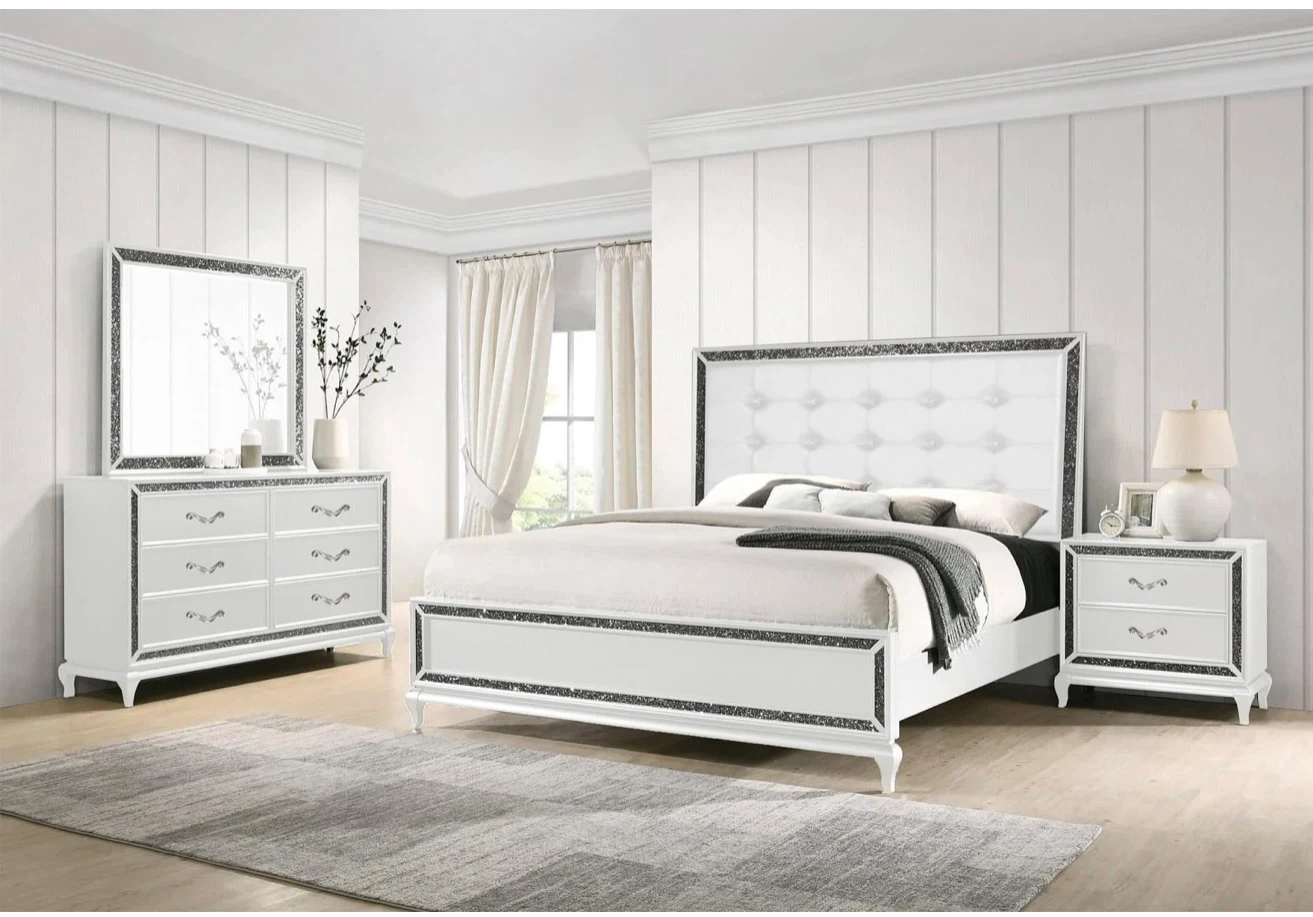 4 piece White Tufted Upholstered Bed Frame with Crystal Accents