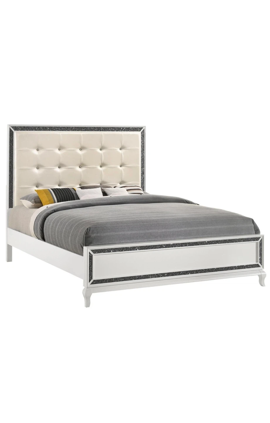 4 piece White Tufted Upholstered Bed Frame with Crystal Accents - photo 2