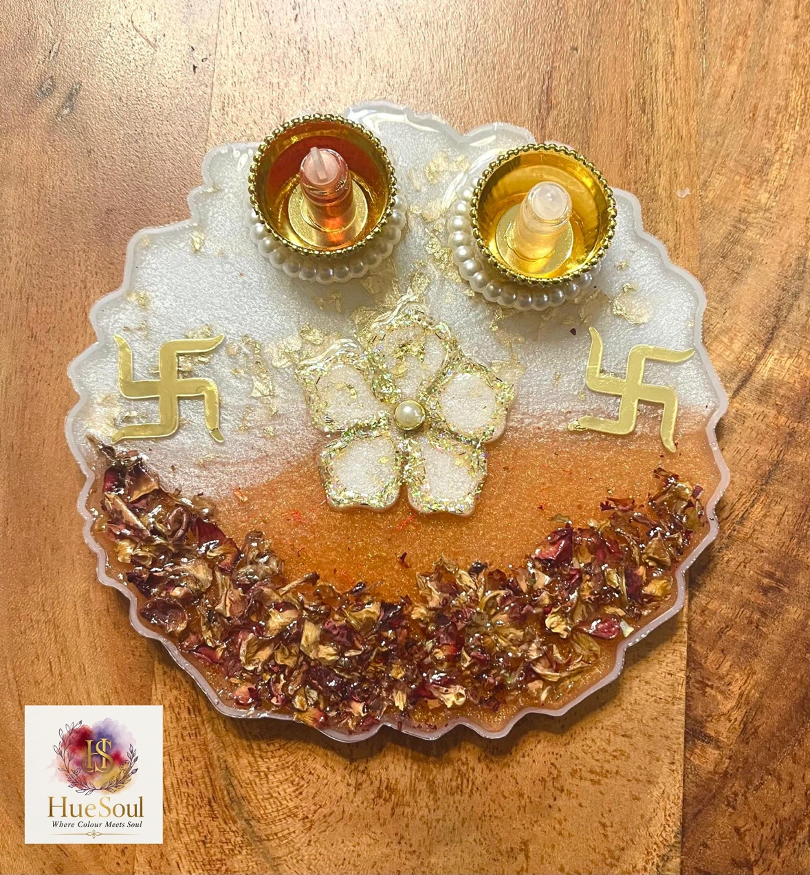 Handmade Resin Diya Holder with Swastika and Flower Design