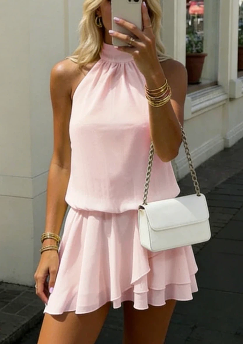 XS Pink Halter Neck Ruffle Dress (worn once)