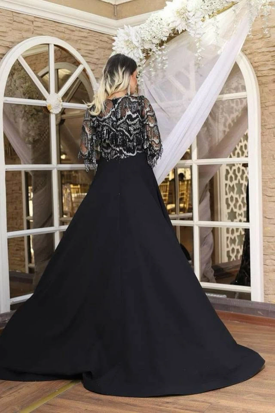 Black sequined evening gown with cape detail - photo 3