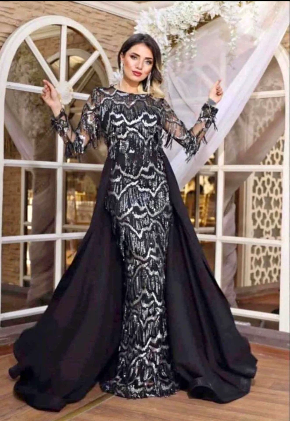 Black sequined evening gown with cape detail - photo 2