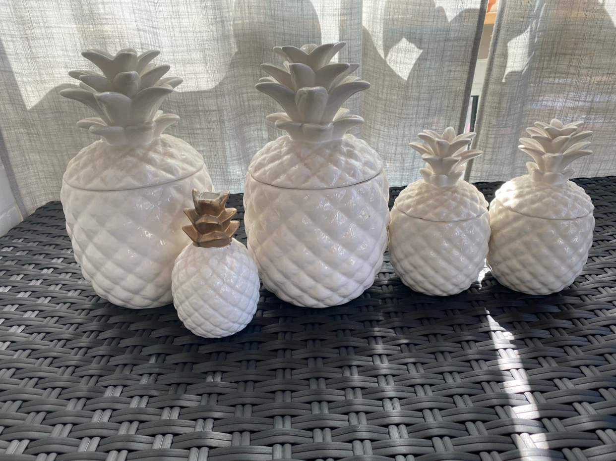 Set of 5 White Ceramic Pineapple Canisters - photo 3