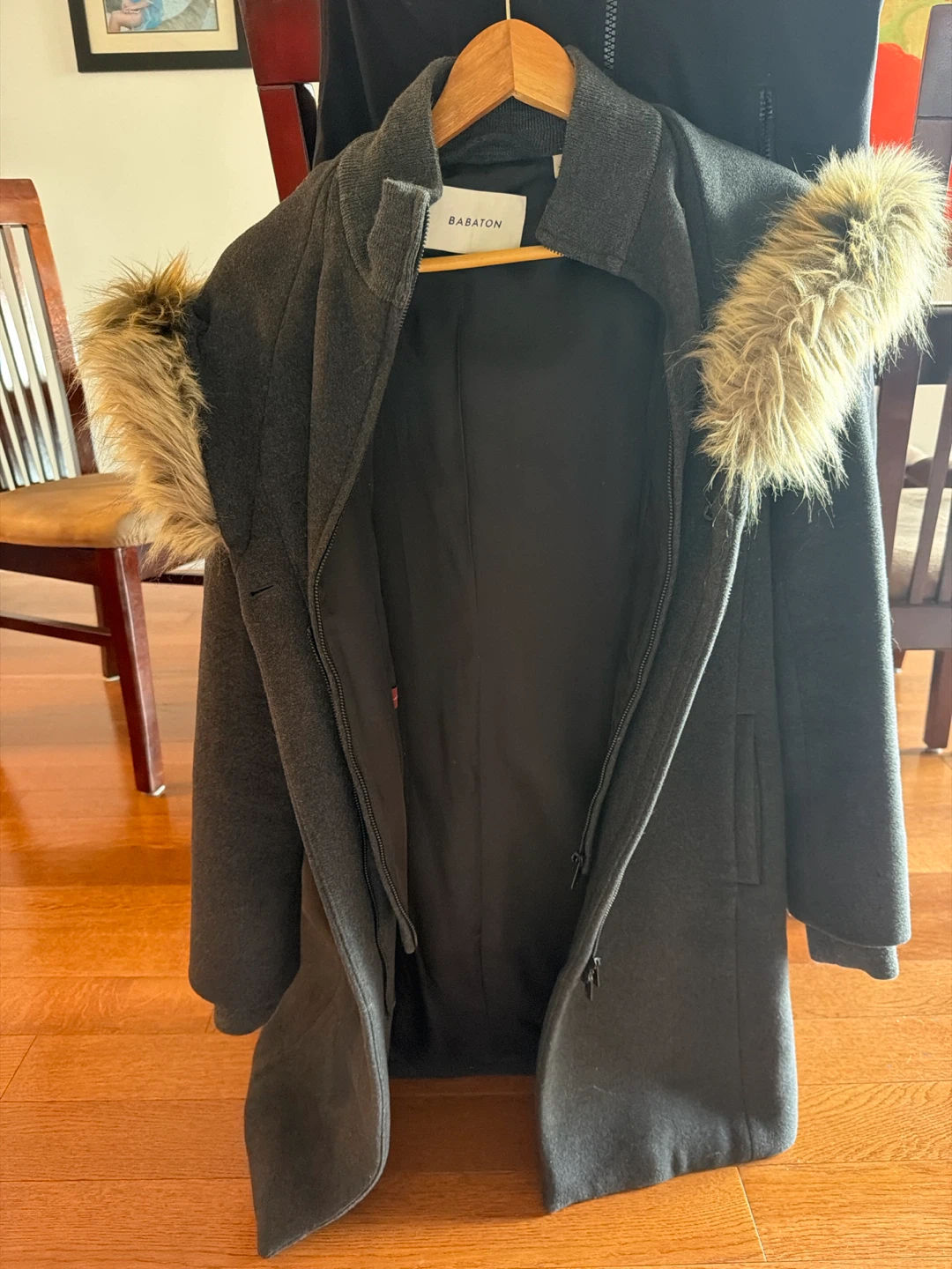 Babaton Charcoal Grey Winter Coat with Faux Fur Hood