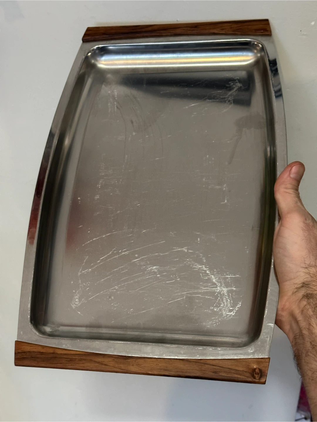 mid century 18/8 stainless steel teak tray