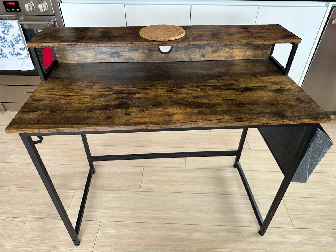 Rustic Wooden Desk with Monitor Stand and Side Storage