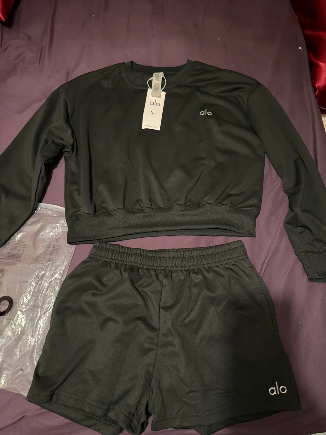 ALO Yoga Black Sweatshirt and Shorts Set Size L