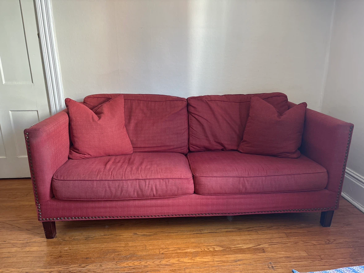 Red Two-Seater Sofa with Nailhead Trim