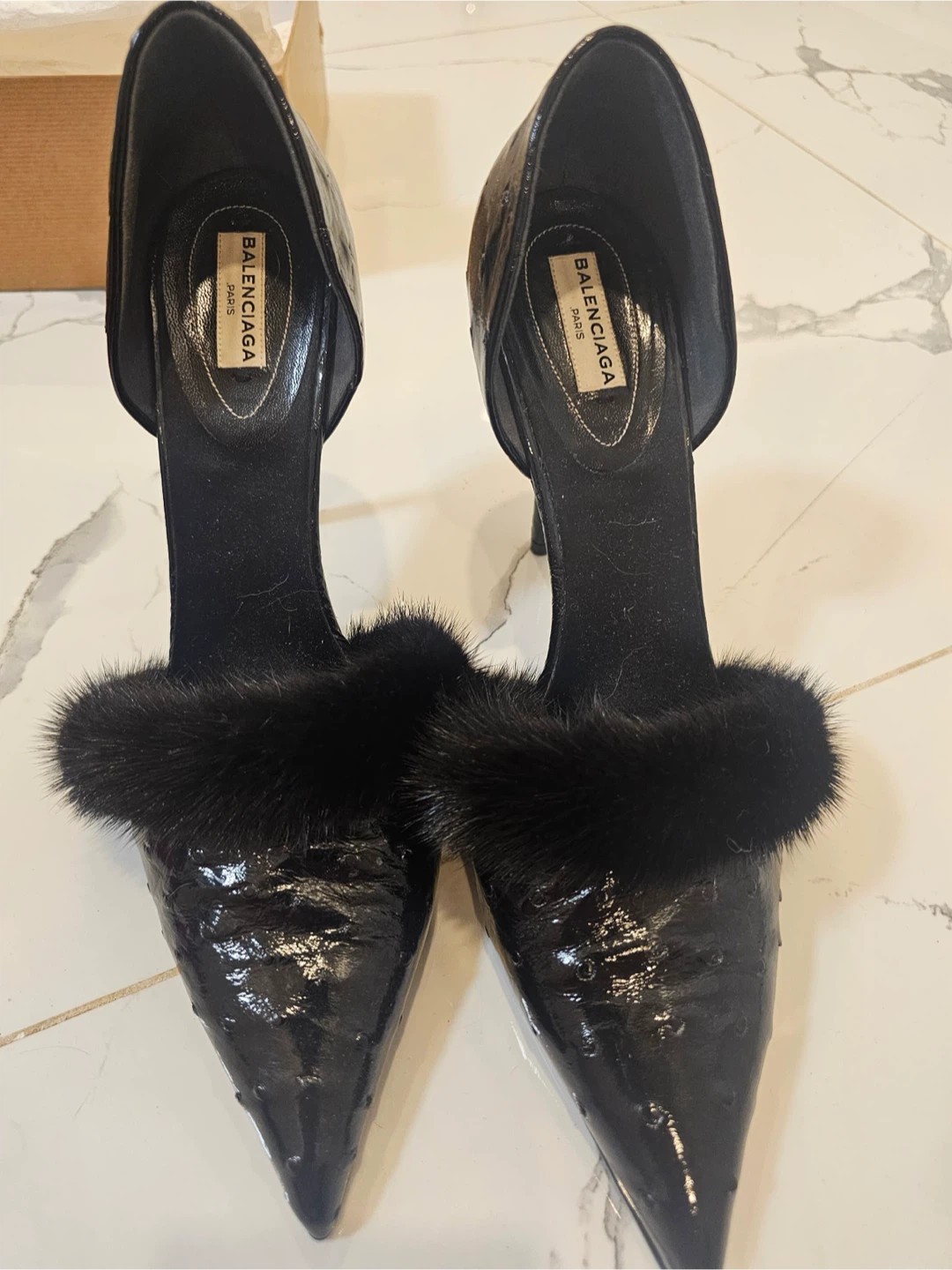Balenciaga Black Patent Leather Fur Trim Pumps