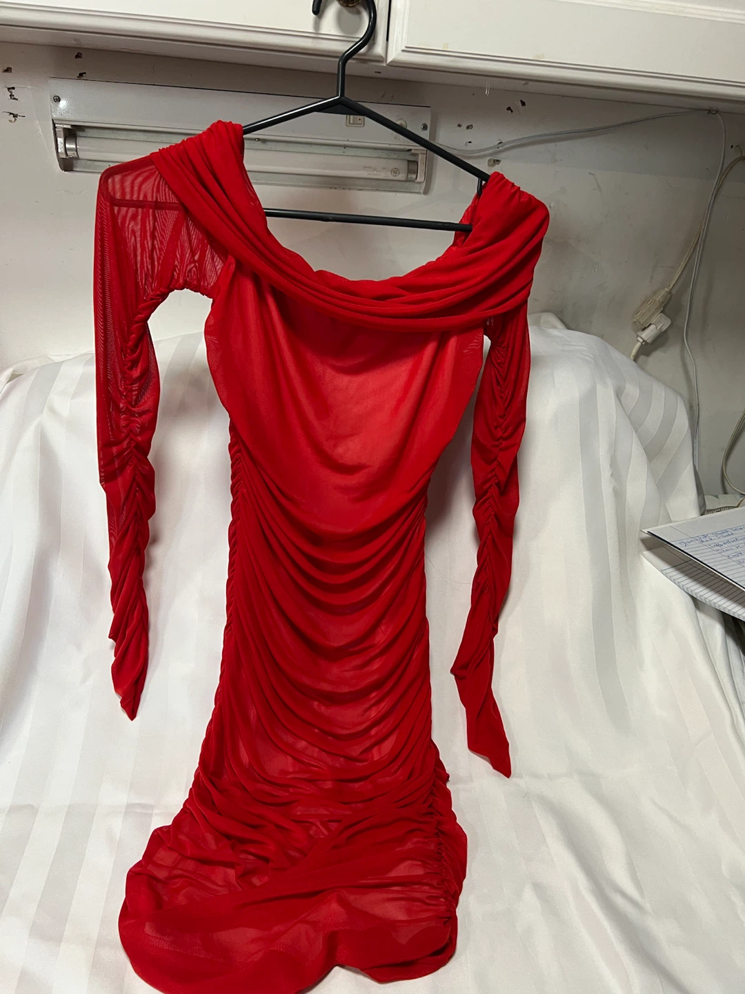 Red Ruched Mesh Dress