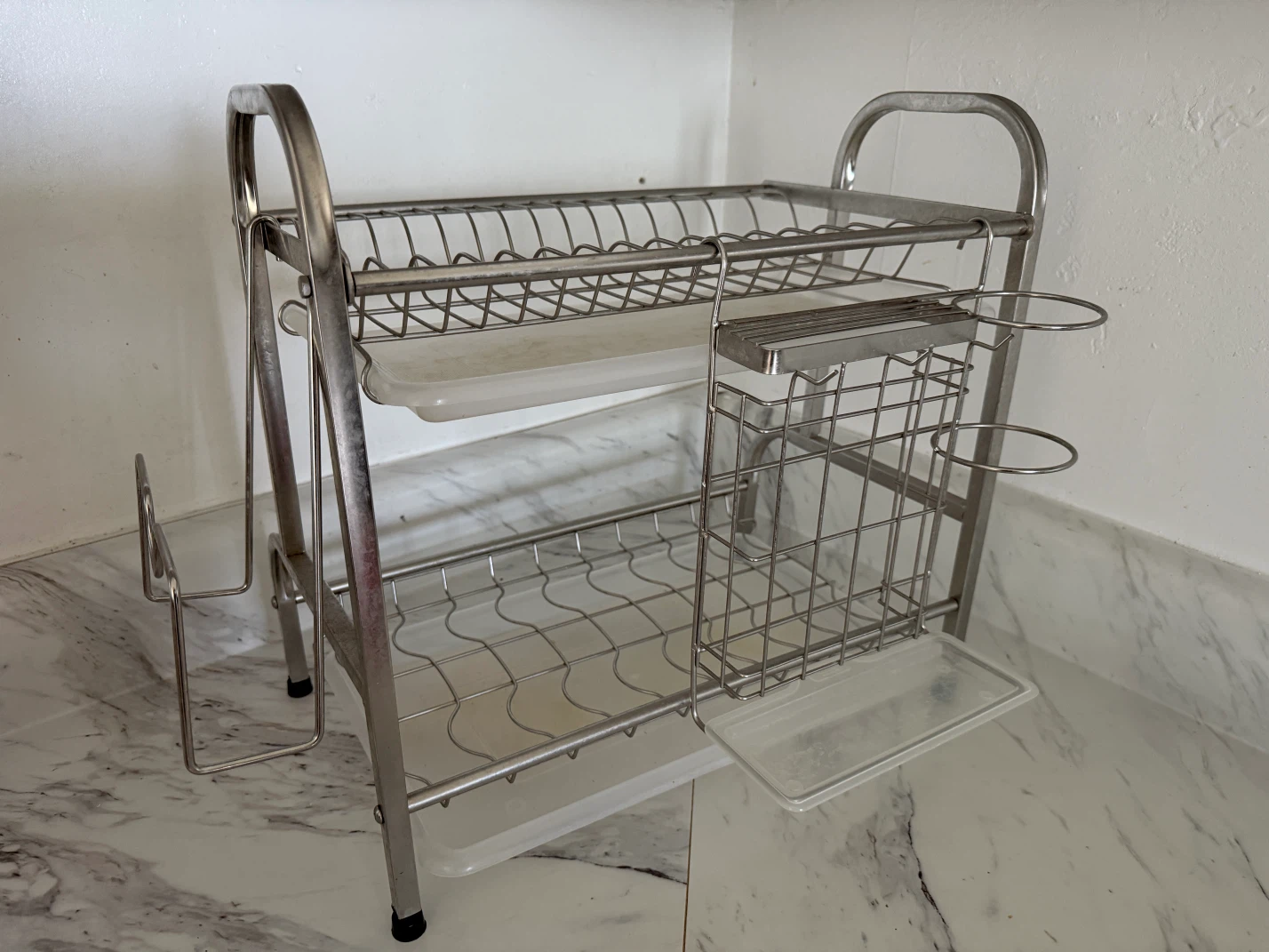 Two-Tier Stainless Steel Dish Rack with Utensil Holder