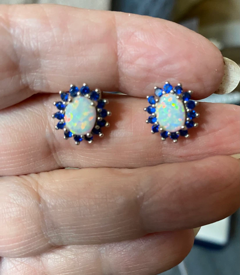 Lab Opal and Sapphire Earrings