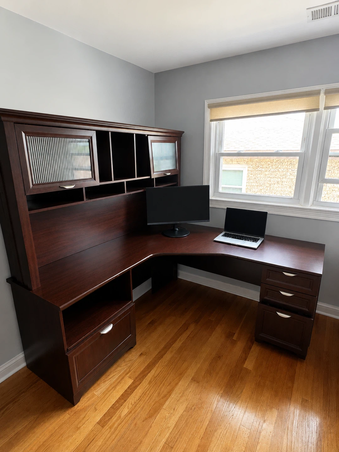 Dark Wood Corner Desk with Hutch