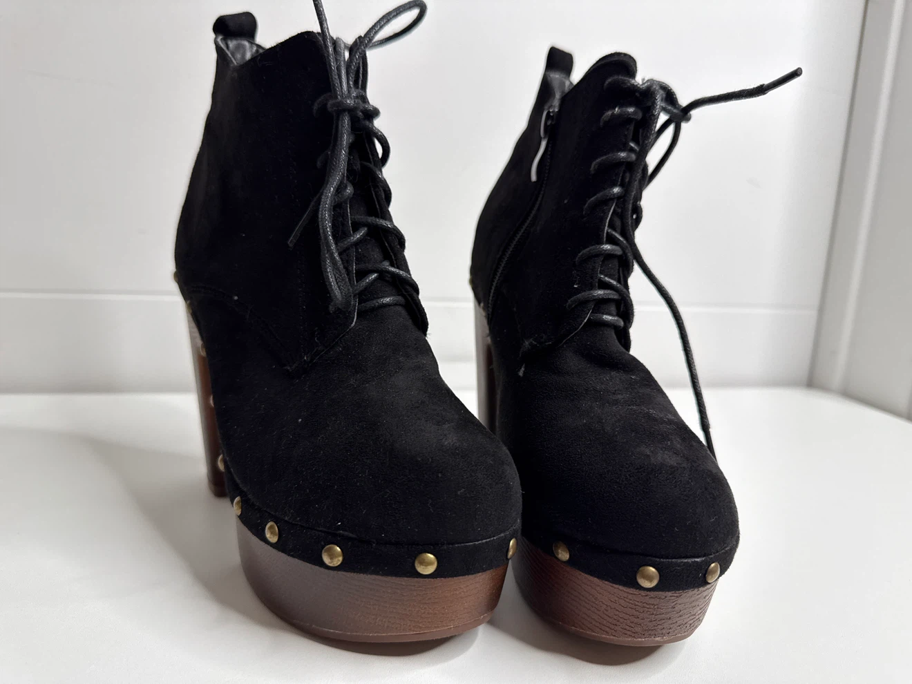 Black Suede Lace-Up Chunky Heel Booties