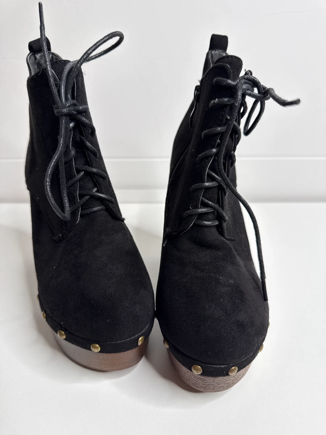 Black Suede Lace-Up Chunky Heel Booties - photo 2