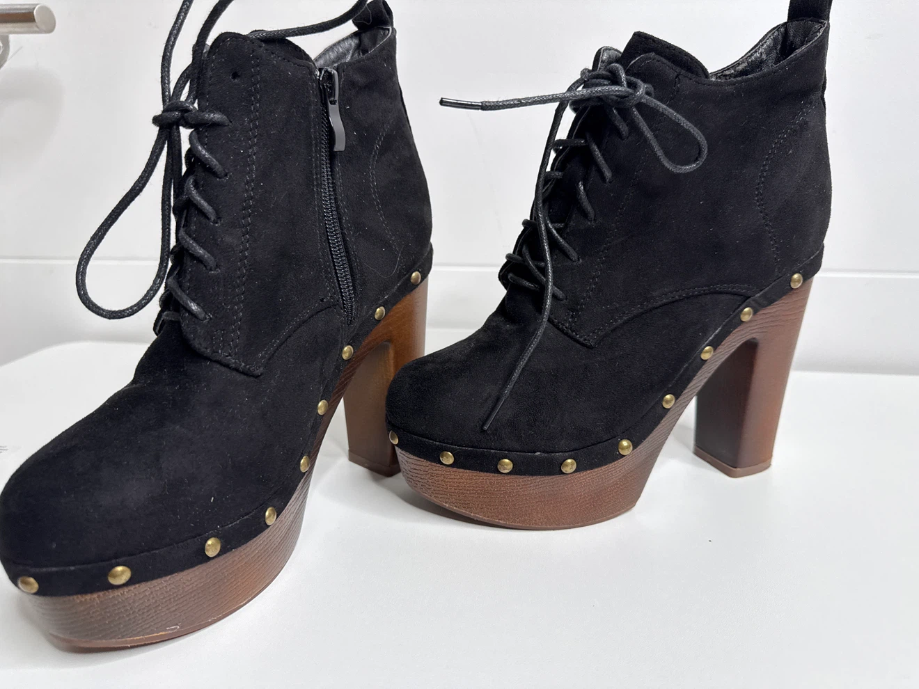 Black Suede Lace-Up Chunky Heel Booties - photo 3