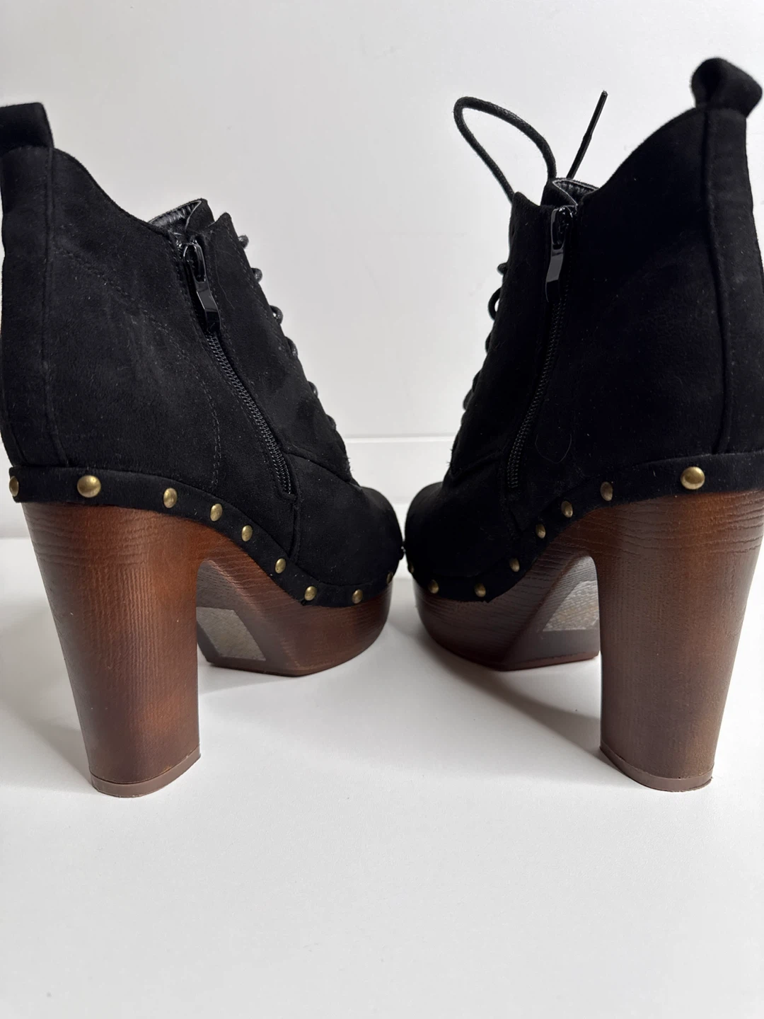 Black Suede Lace-Up Chunky Heel Booties - photo 4