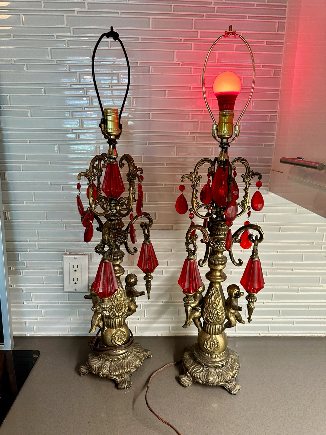2 ANTIQUE HOLLYWOOD REGENCY BRASS CHERUBIM TANLE LAMP VINTAGE - photo 5