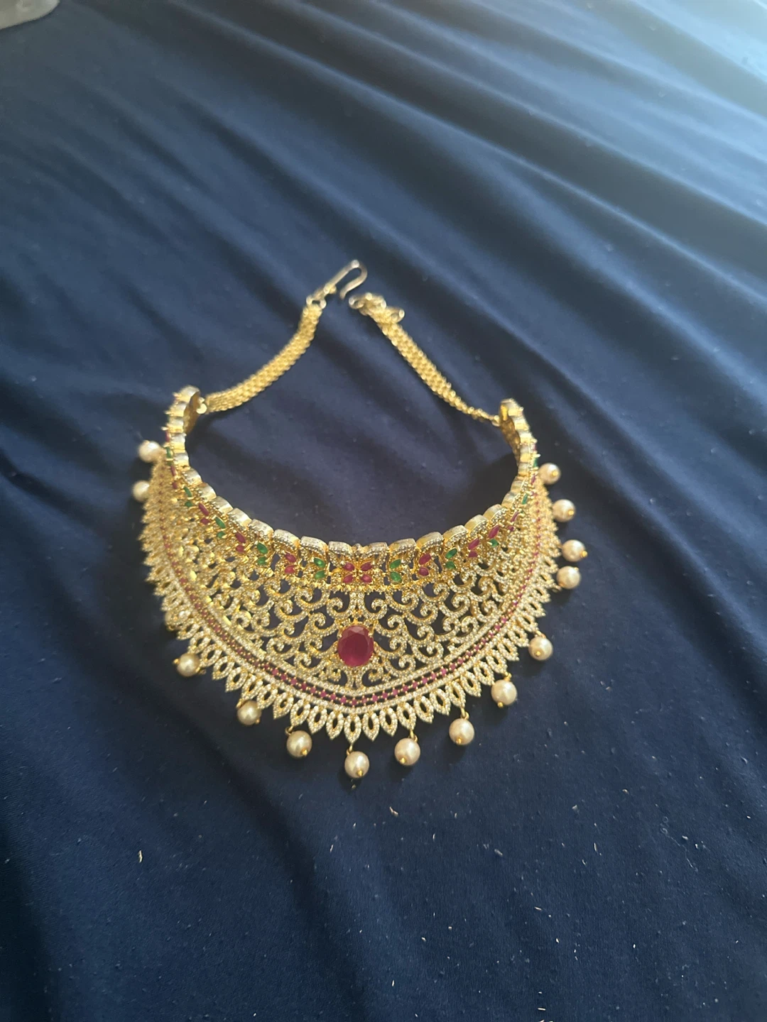 Gold-tone Choker Necklace with Red, Green, and White Stones