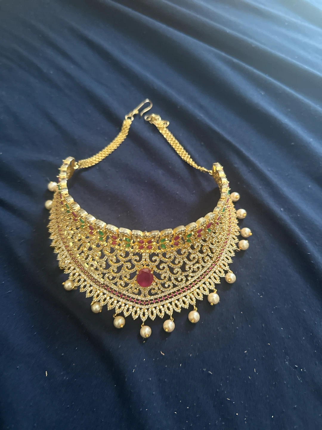 Gold-tone Choker Necklace with Red, Green, and White Stones - photo 2