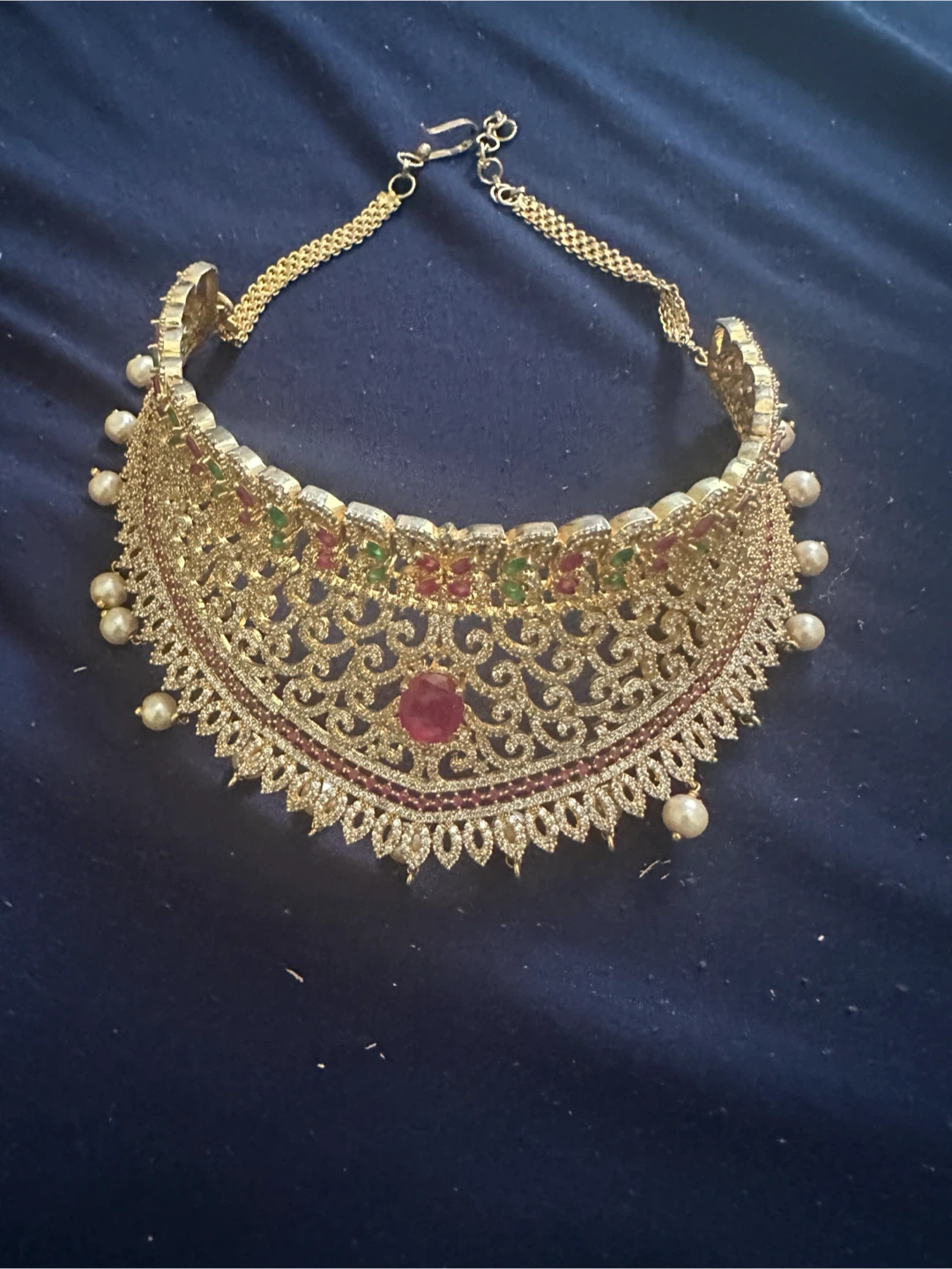 Gold-tone Choker Necklace with Red, Green, and White Stones - photo 3