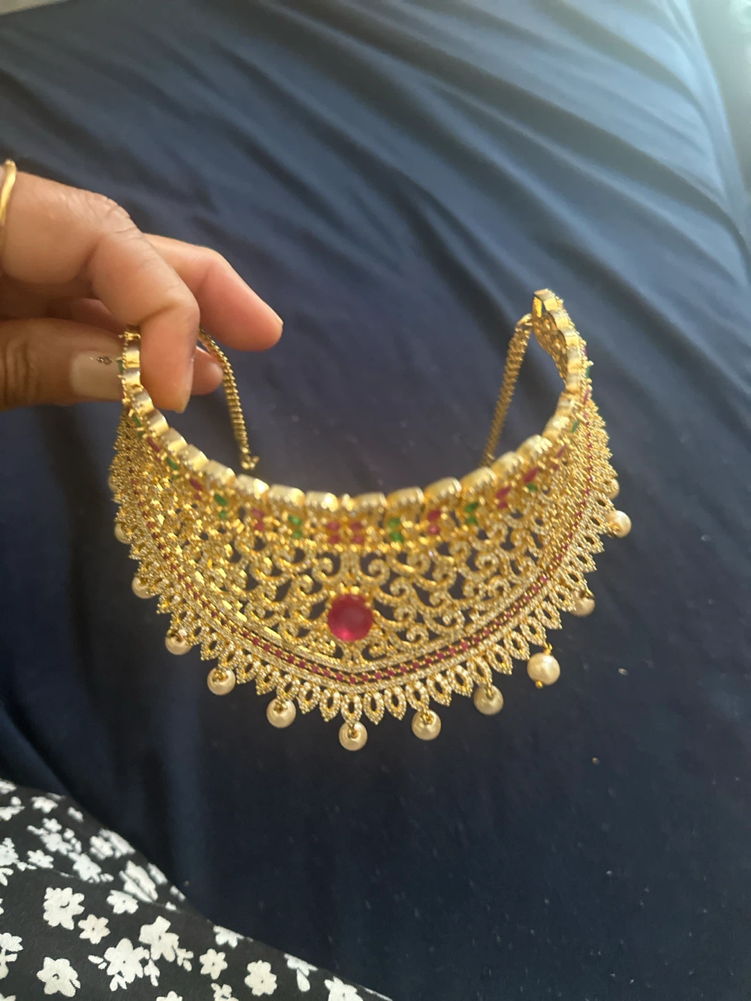 Gold-tone Choker Necklace with Red, Green, and White Stones - photo 4