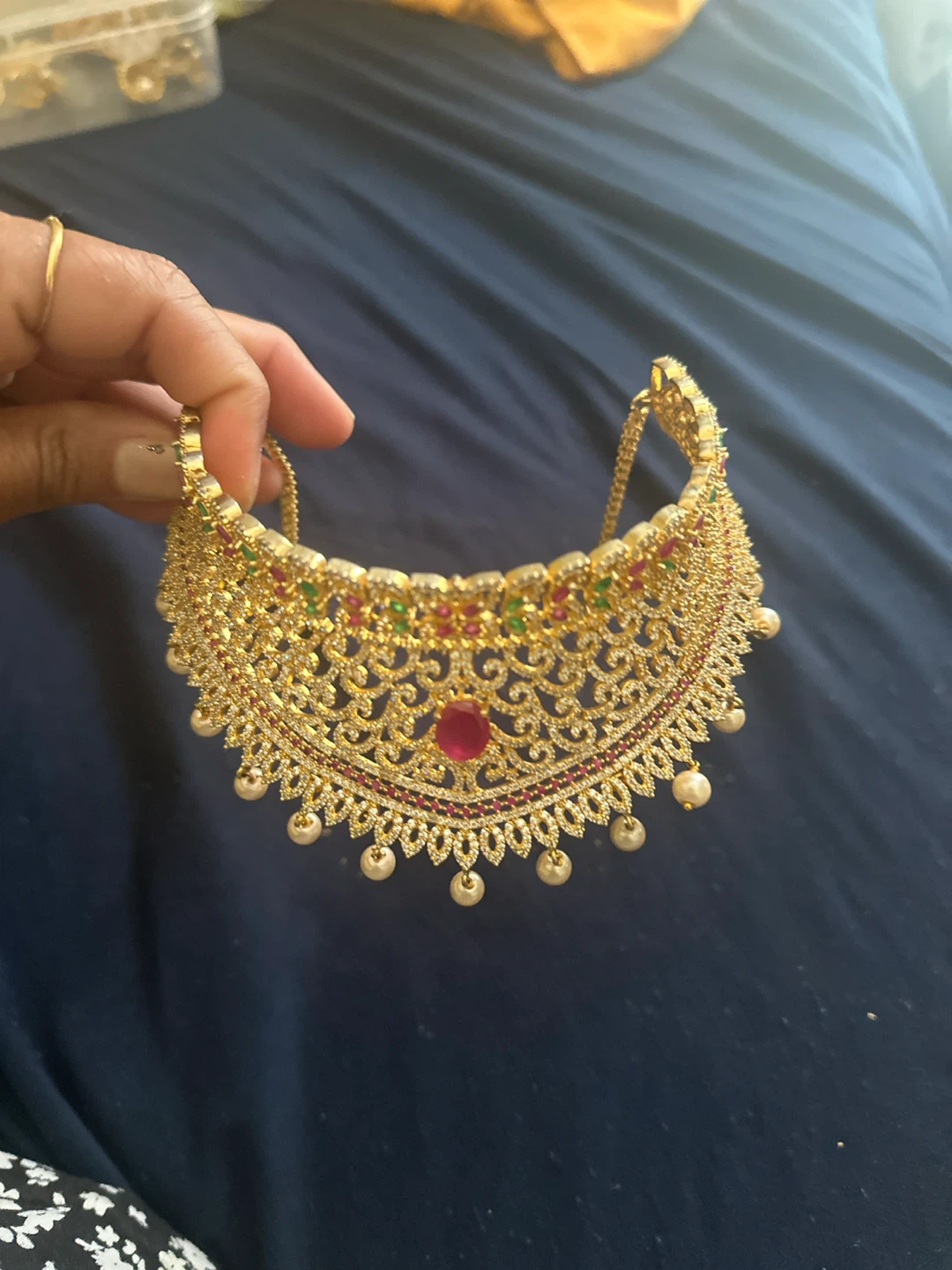 Gold-tone Choker Necklace with Red, Green, and White Stones - photo 5