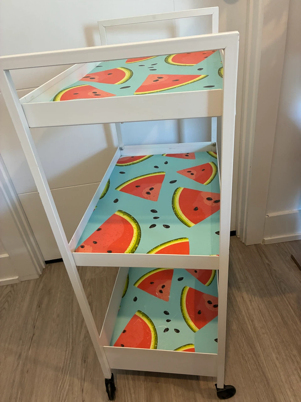 White 3-Tier Rolling Cart with Watermelon Design