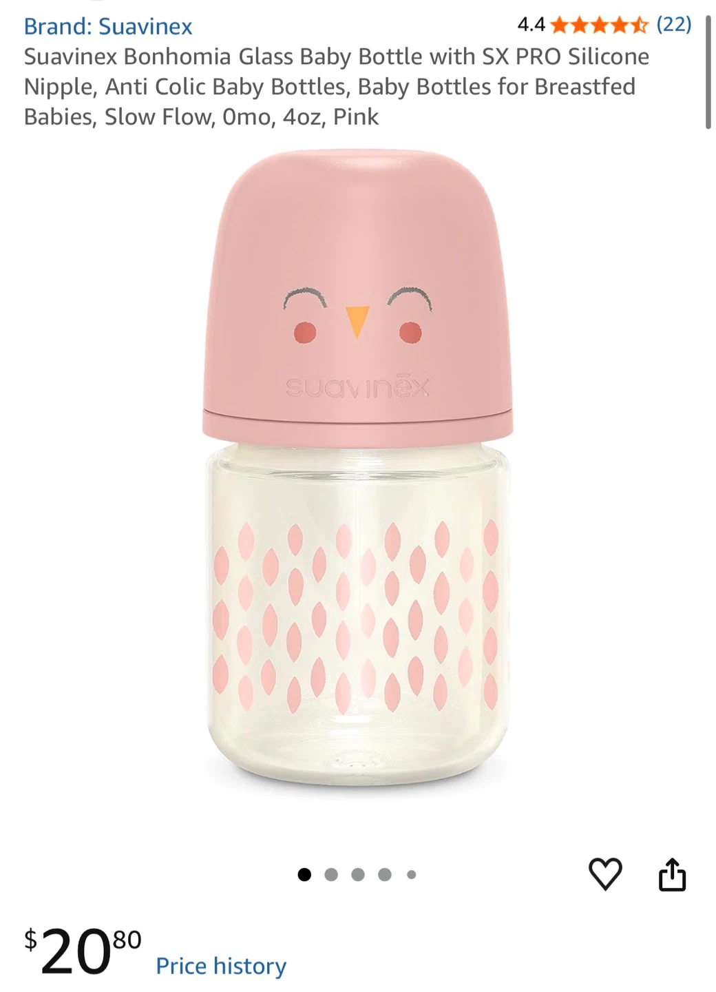 Suavinex Bonhomia Glass Baby Bottle 4oz, Pink