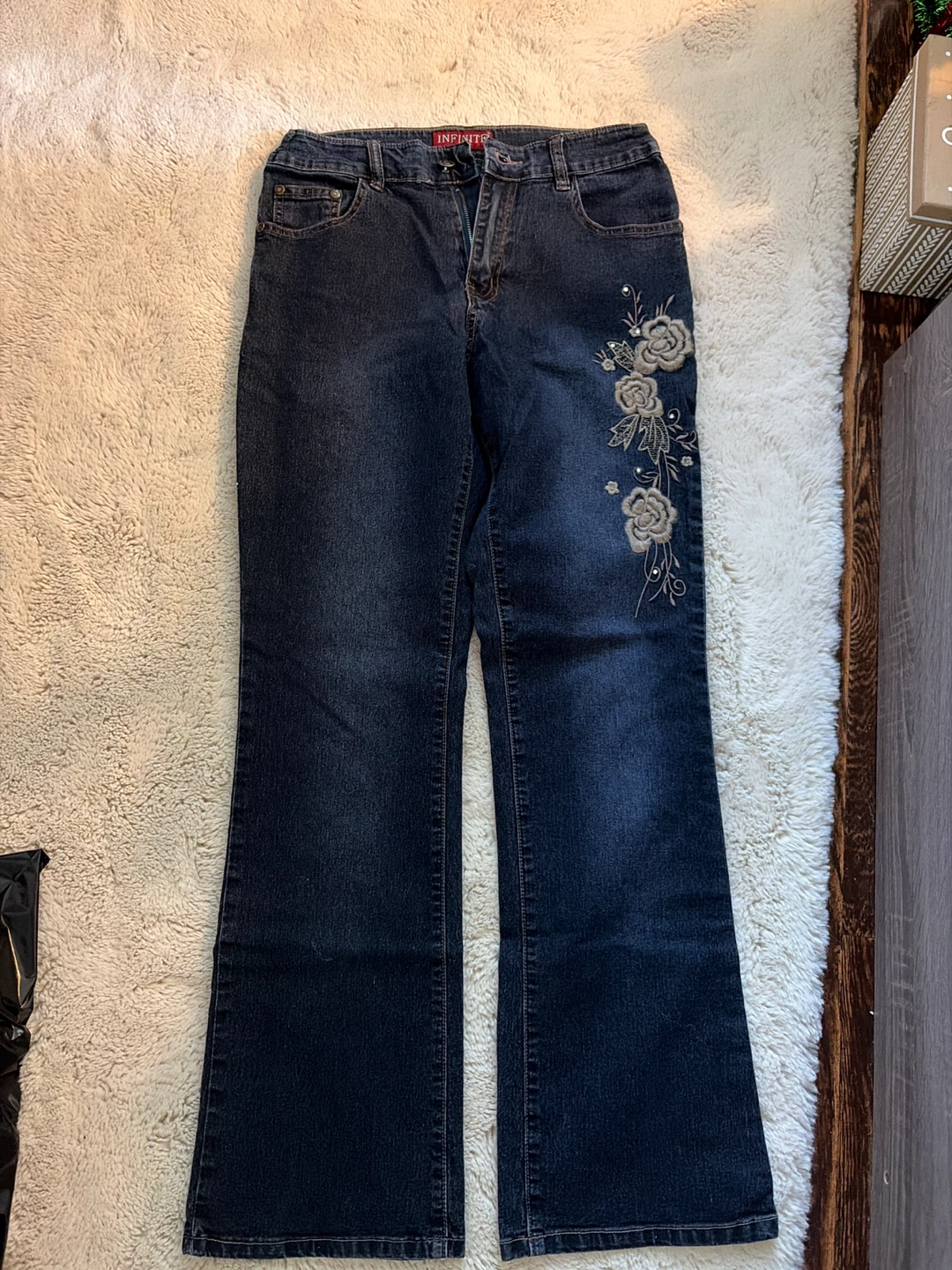 Infinite Women's Dark Wash Flare Jeans with Floral Embroidery
