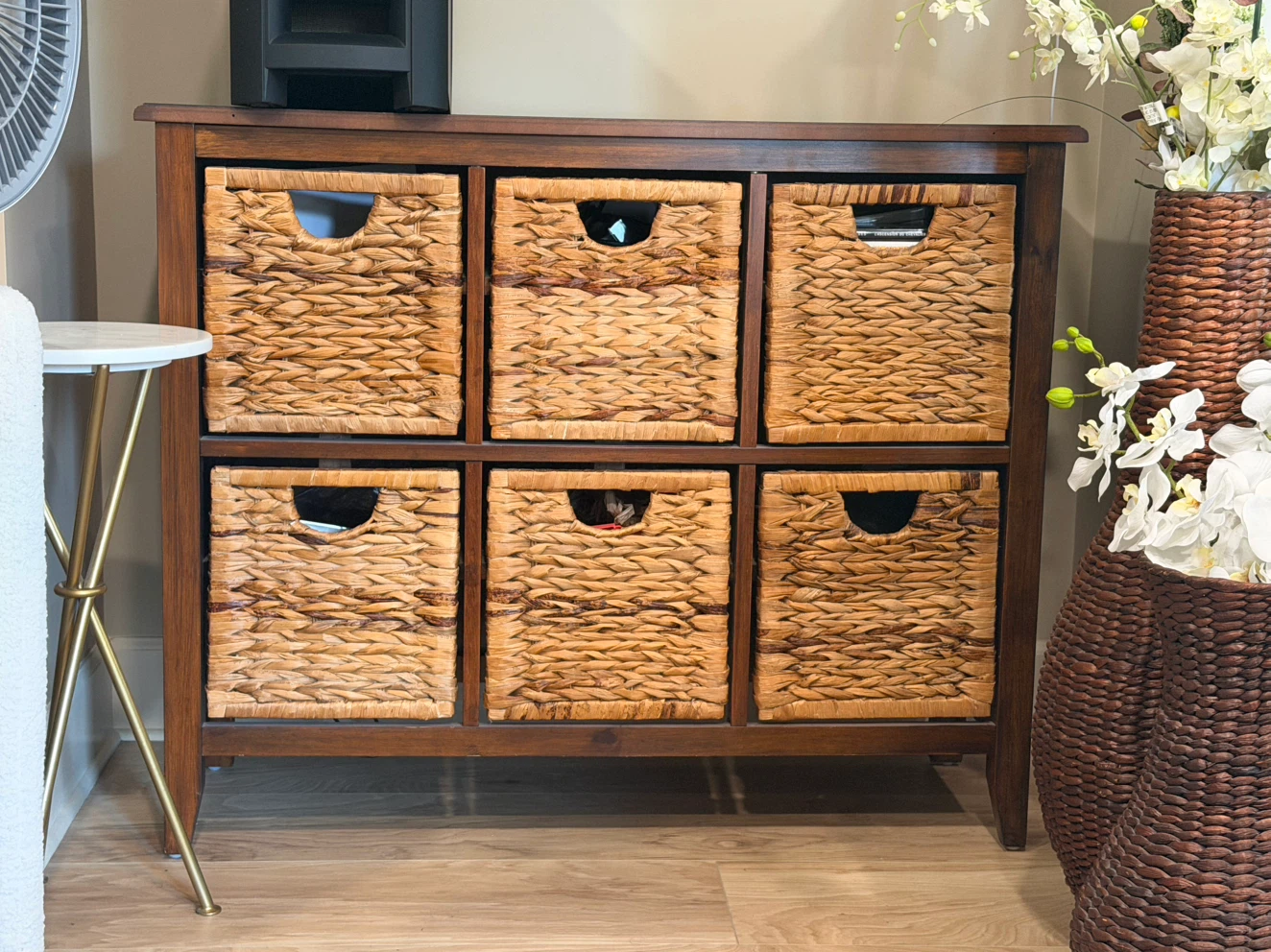 Dark Wood 6-Cube Storage Organizer with Wicker Baskets