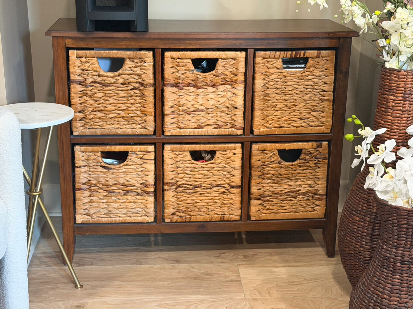 Dark Wood 6-Cube Storage Organizer with Wicker Baskets - photo 2