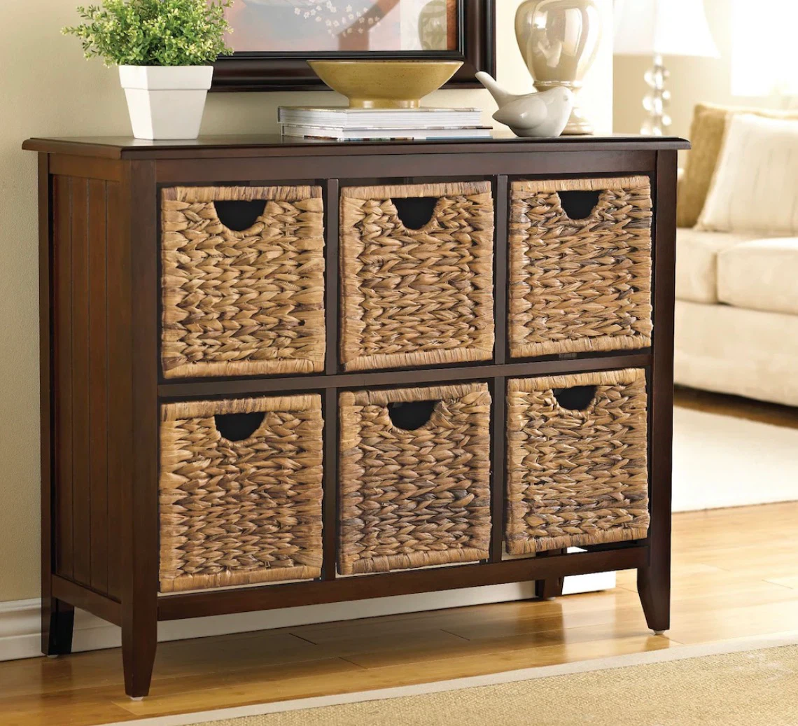 Dark Wood 6-Cube Storage Organizer with Wicker Baskets - photo 3