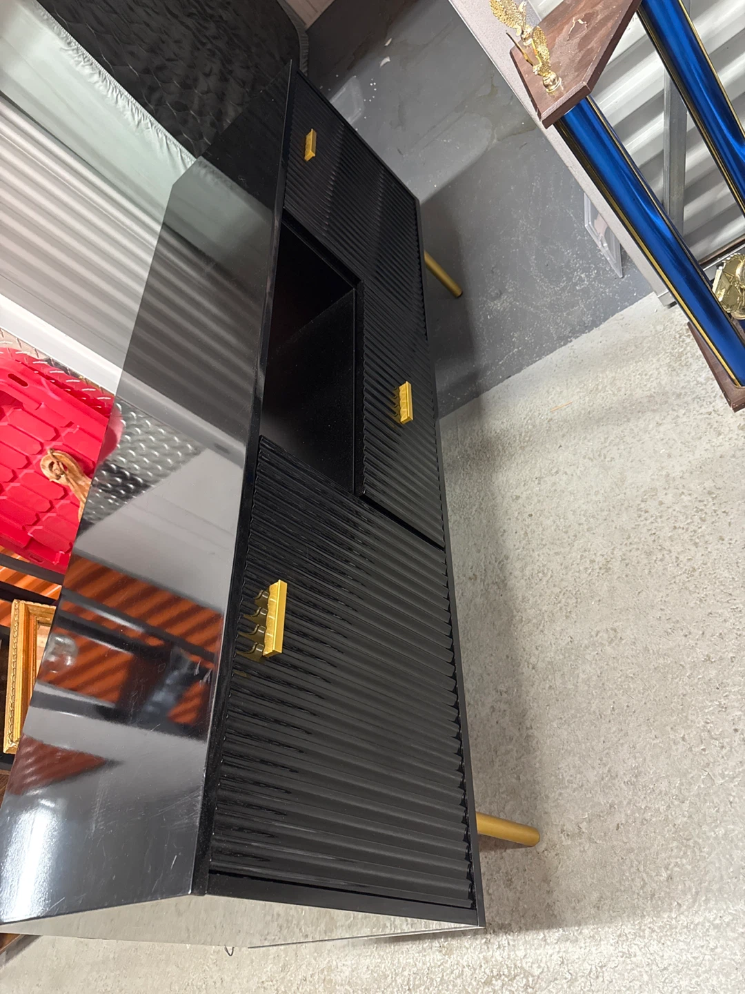 Black TV Stand with Gold Accents