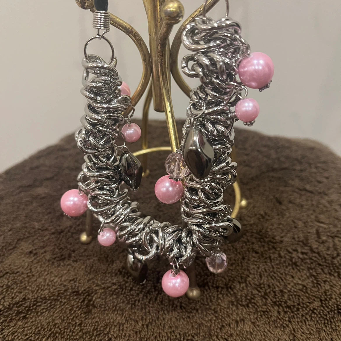 Handmade Choker Necklace with Pink Beads and Silver Chain