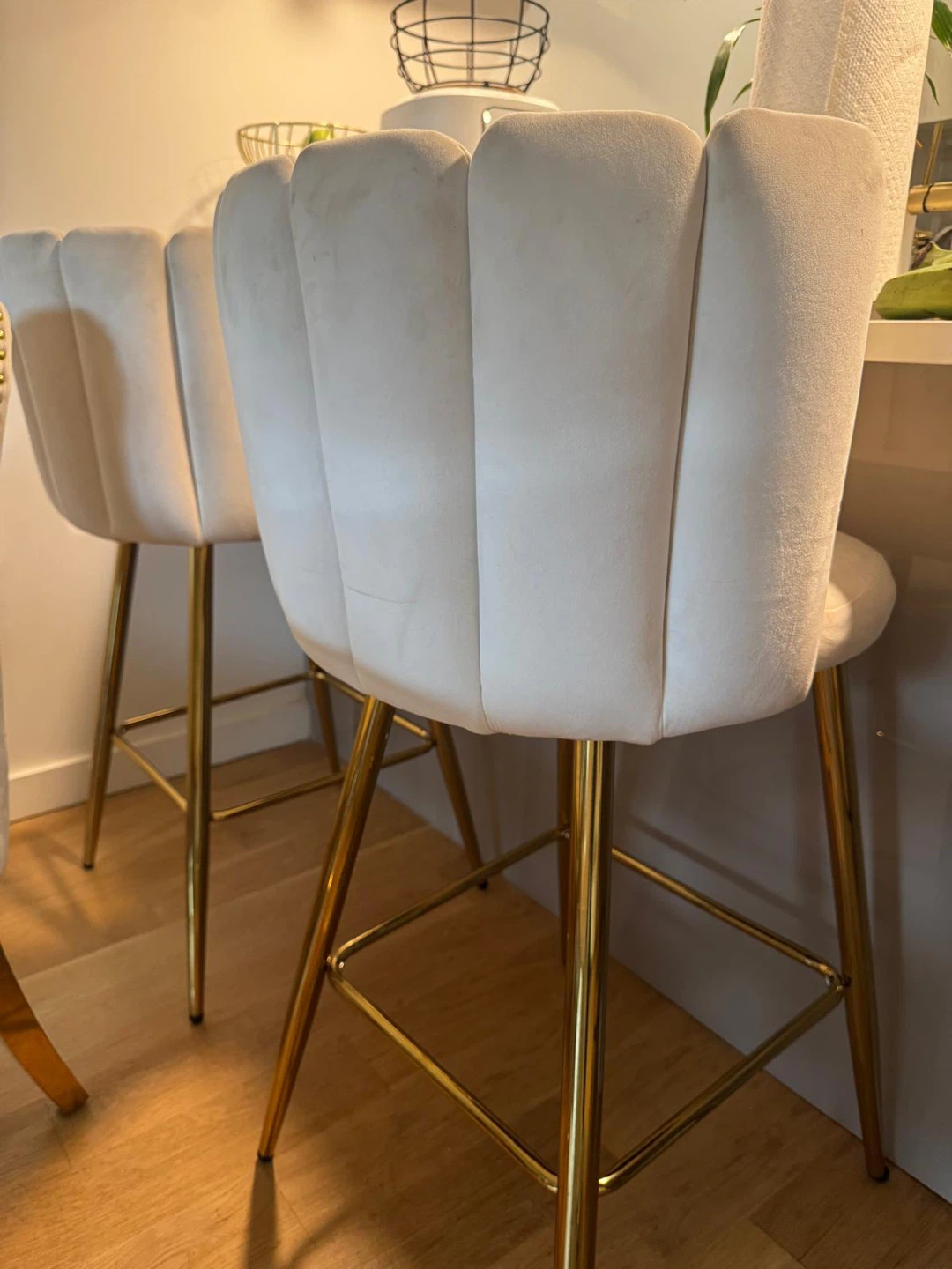Cream Velvet Bar Stools with Gold Legs (Set of 2)