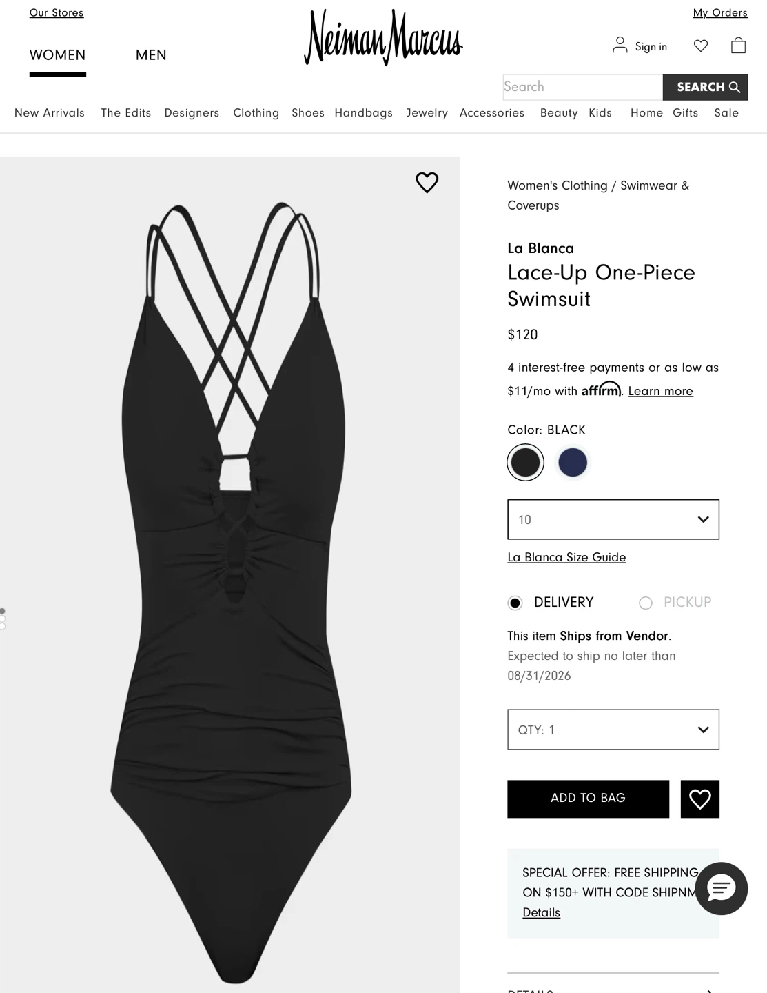 New stylish Lace-Up One-Piece Swimsuit Black Size 10