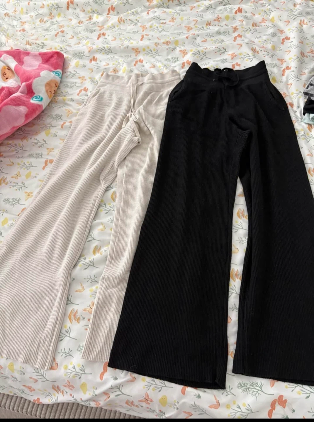 Wide Leg Ribbed Pants - Black & Cream