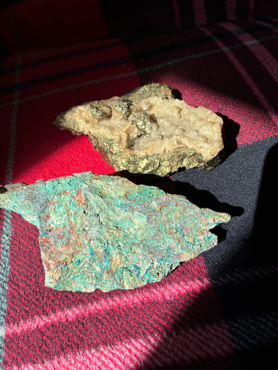Two Mineral Specimens - Pyrite and Malachite/Chrysocolla