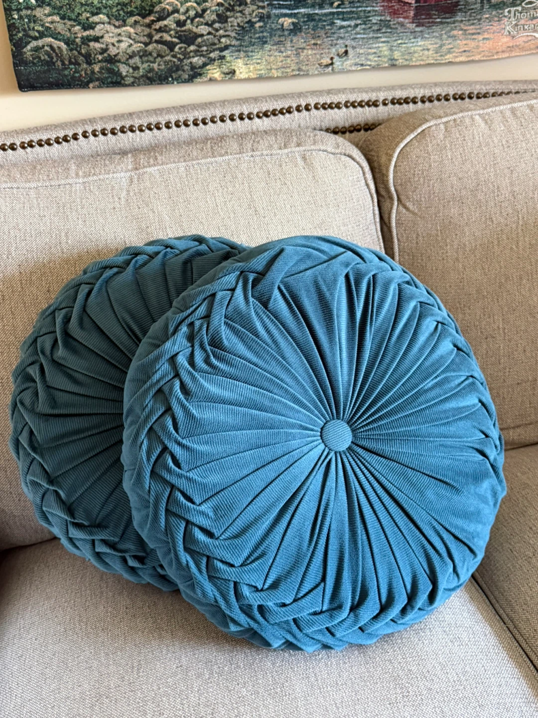 Teal Round Tufted Throw Pillows - Set of 2
