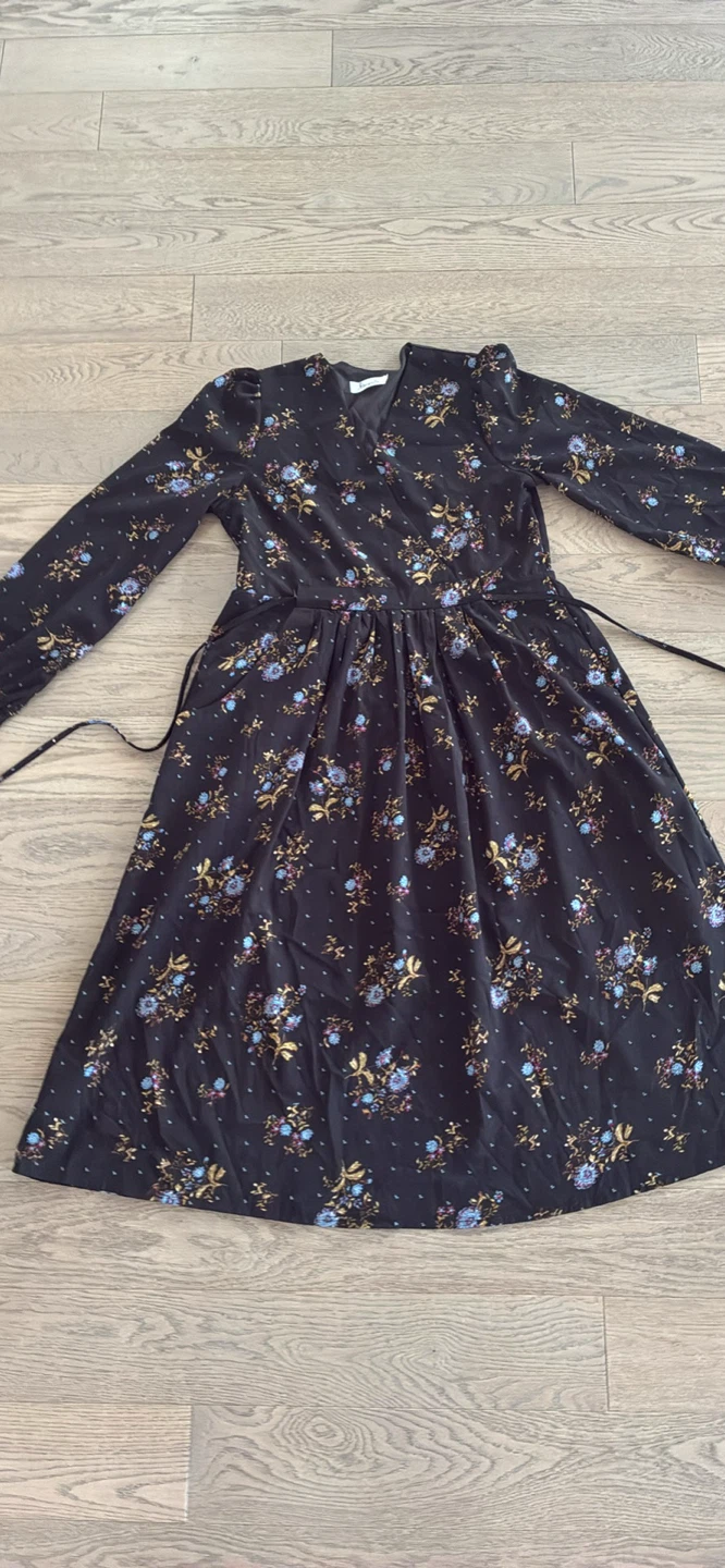 Black Floral Wrap Dress with Long Sleeves