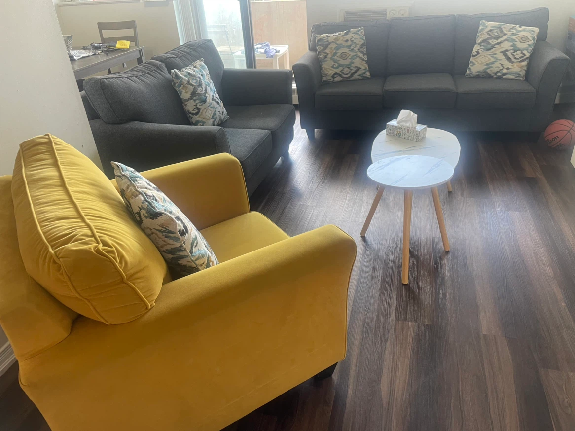 Grey Fabric Sofa with Accent Pillow