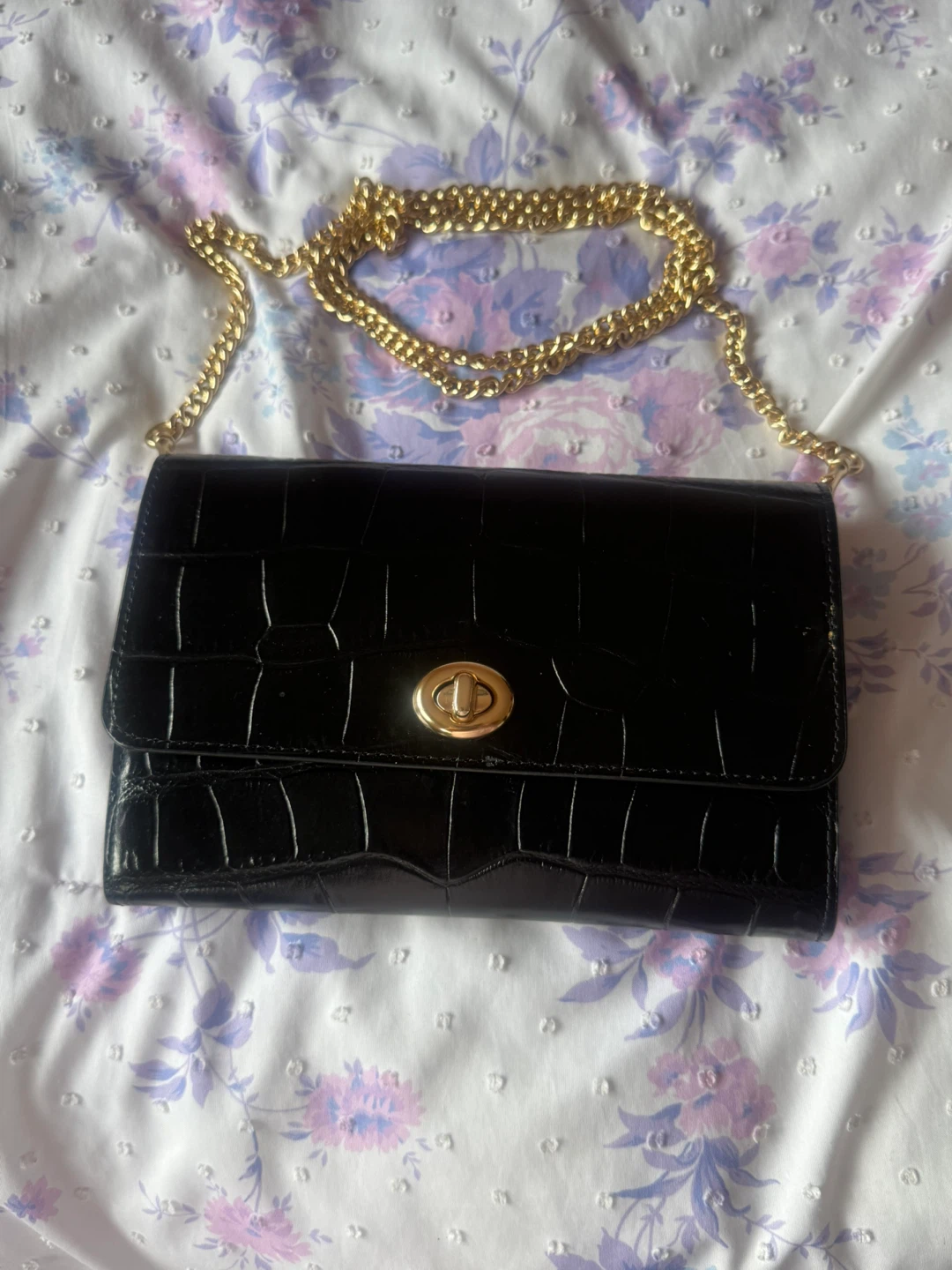 Coach Black Crocodile Embossed Clutch with Gold Chain