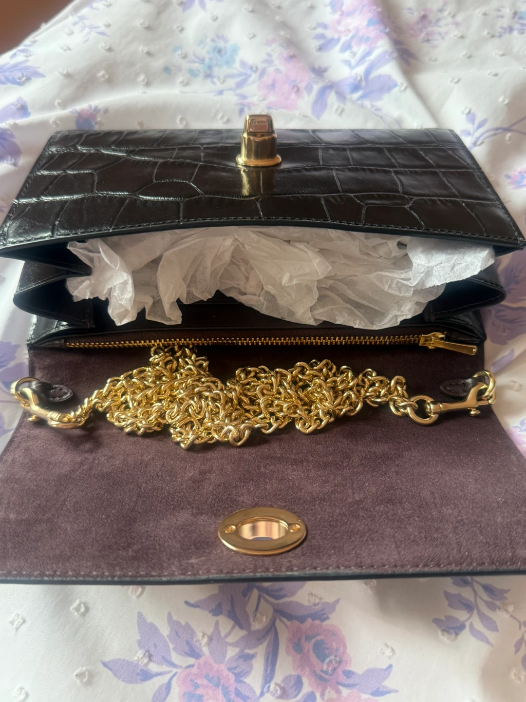 Coach Black Crocodile Embossed Clutch with Gold Chain - photo 2