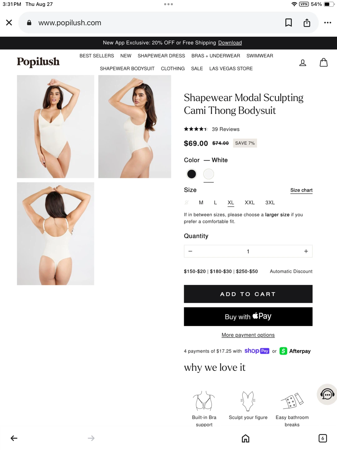 New Popilush Shapewear Modal Sculpting Cami Thong Bodysuit - XL