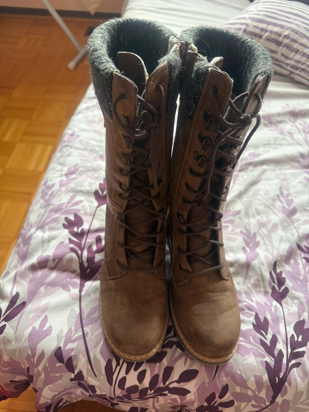 Brown Lace-up Boots with Knit Cuff