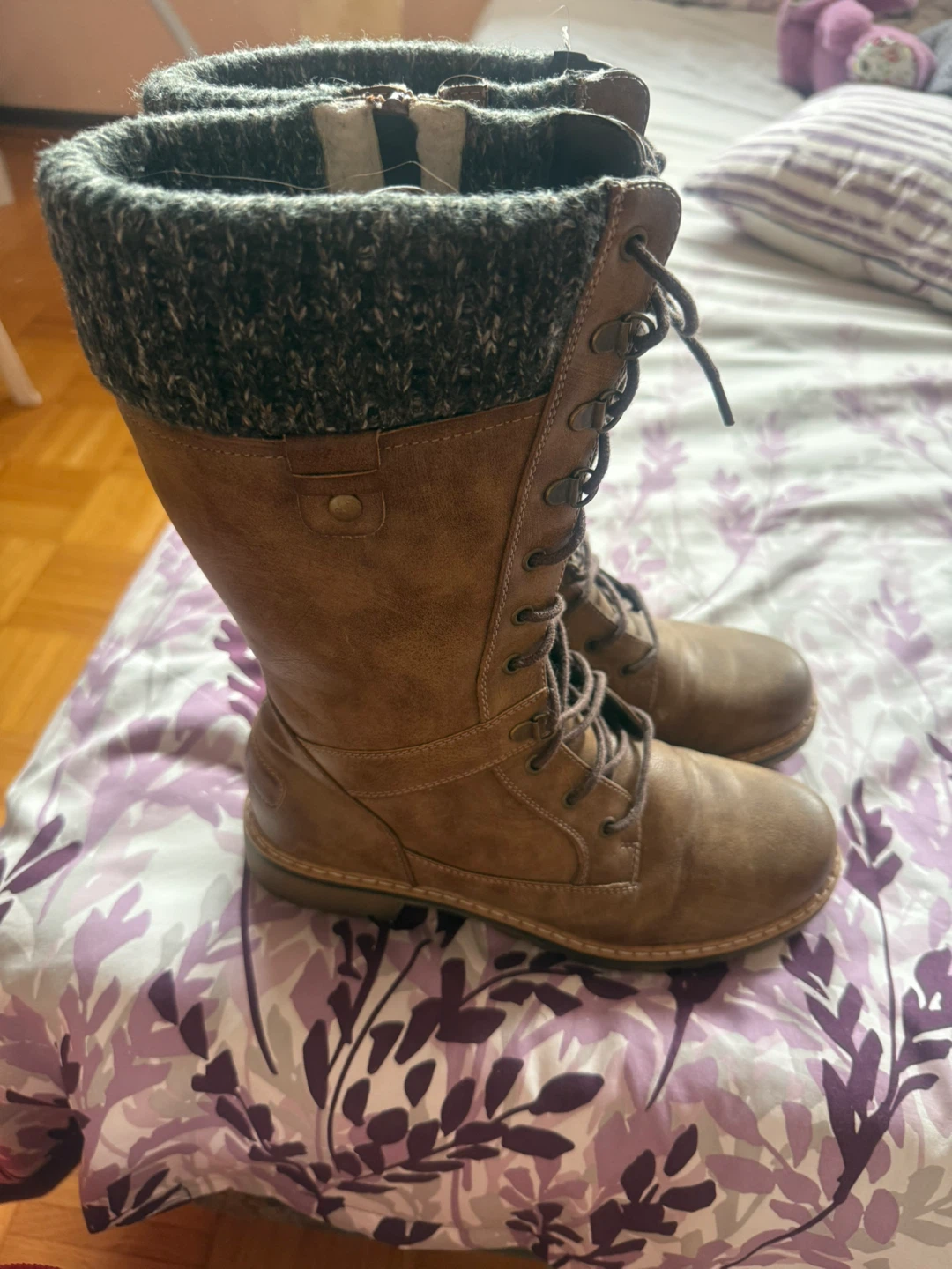Brown Lace-up Boots with Knit Cuff - photo 2